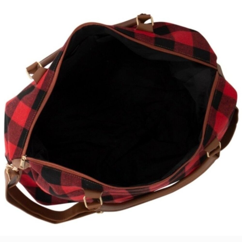 Leopard & Buffalo Plaid Duffel Bag With Brown Handles & Detachable Strap - Picture 3 of 12